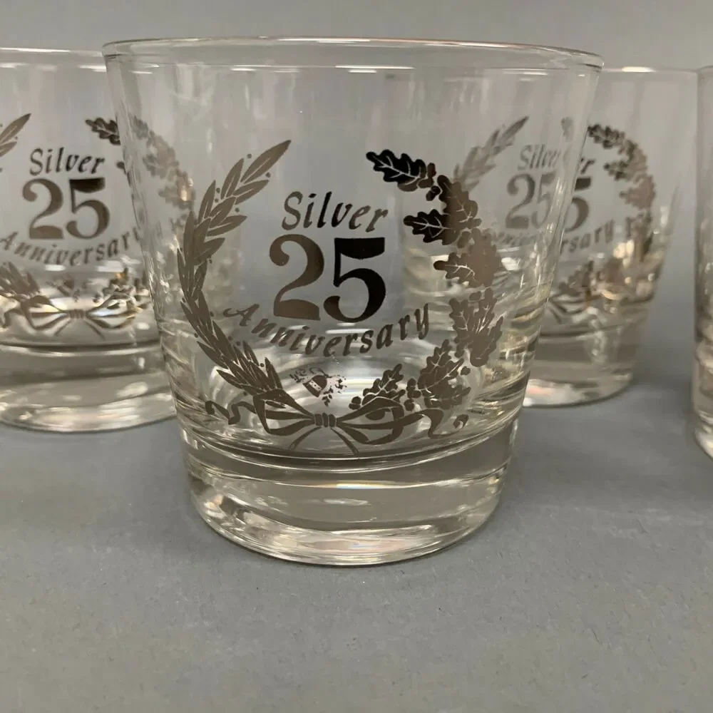 25th Silver Anniversary Old Fashion Clear Glasses Platinum 3 5/8